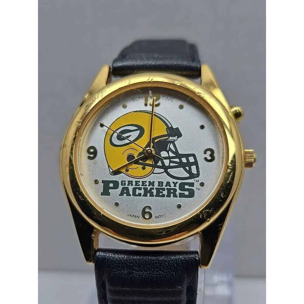 Green Bay Packers Sun Time Quartz Analog Watch Gold Tone Football New Battery